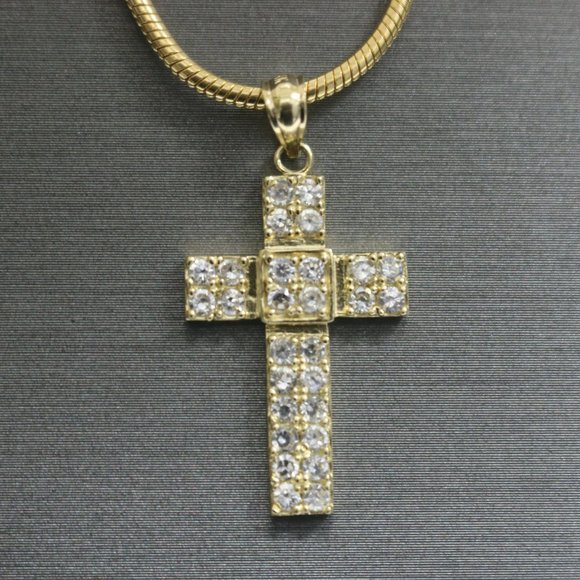 14kt Yellow Gold White Sapphire Cross Pendant with 14kt Yellow Gold Hollow Snake
